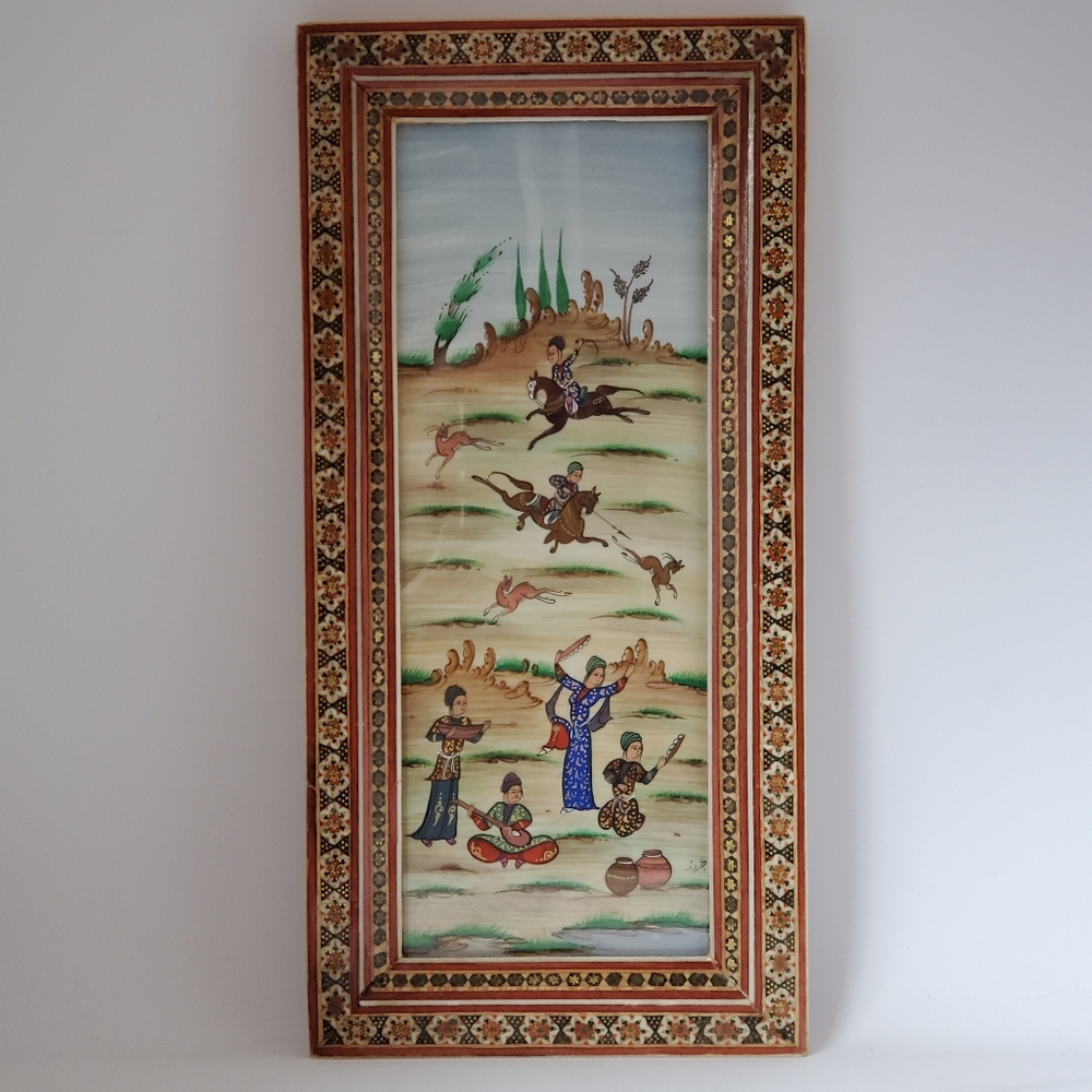 Vintage Iranian Persian Painting Hunting Scene Musicians Khatam Marquetry Frame
